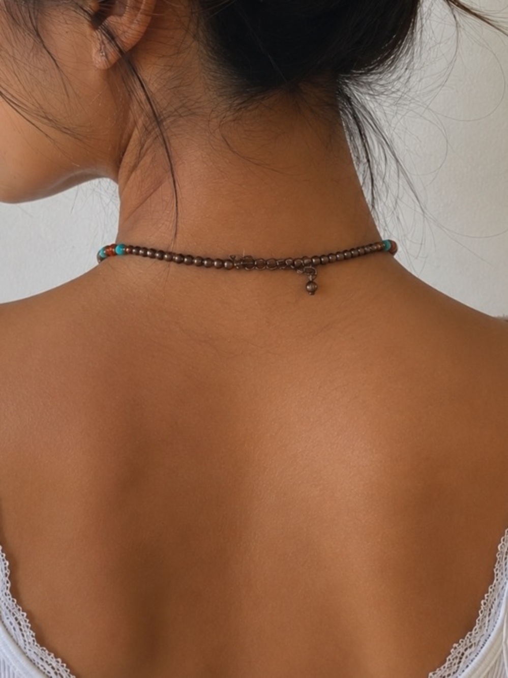 Vintage 90s Western Bohemian Choker Antique Bronze Turquoise & Amber Bead - Picture 2 of 9